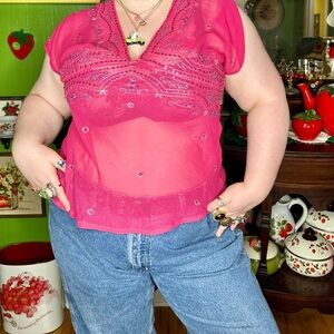Y2k Grunge Fairycore Barbiecore Hot Pink Sheer Embroidered Sequenced Blouse
